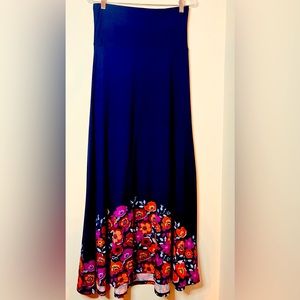 LuLaRoe Maxi Skirt Navy Blue Floral Dipped Hem Stretchy Size Small